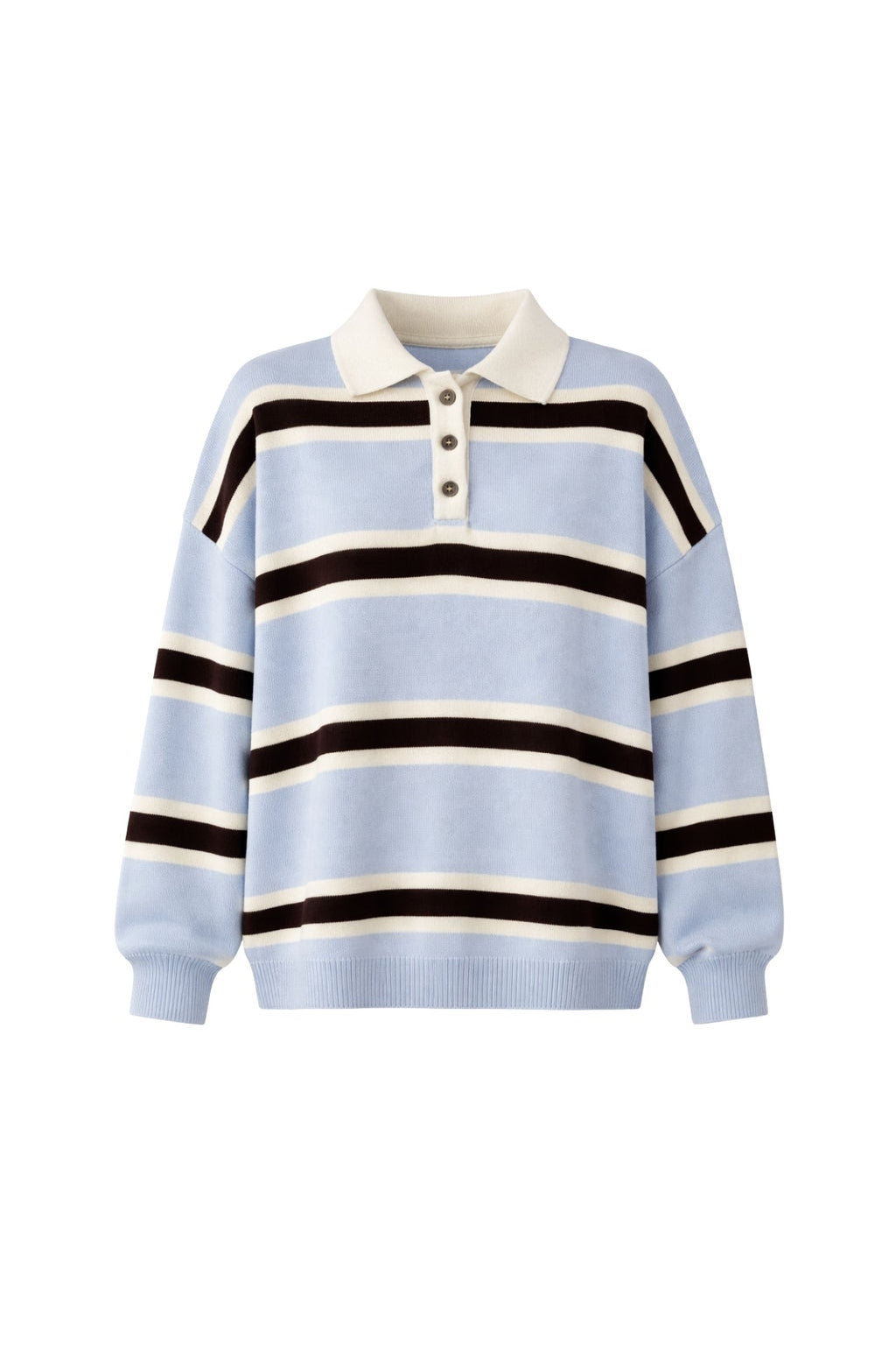 Polo Collar Button Detail Striped Blue Knit Sweater