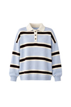 Polo Collar Button Detail Striped Blue Knit Sweater