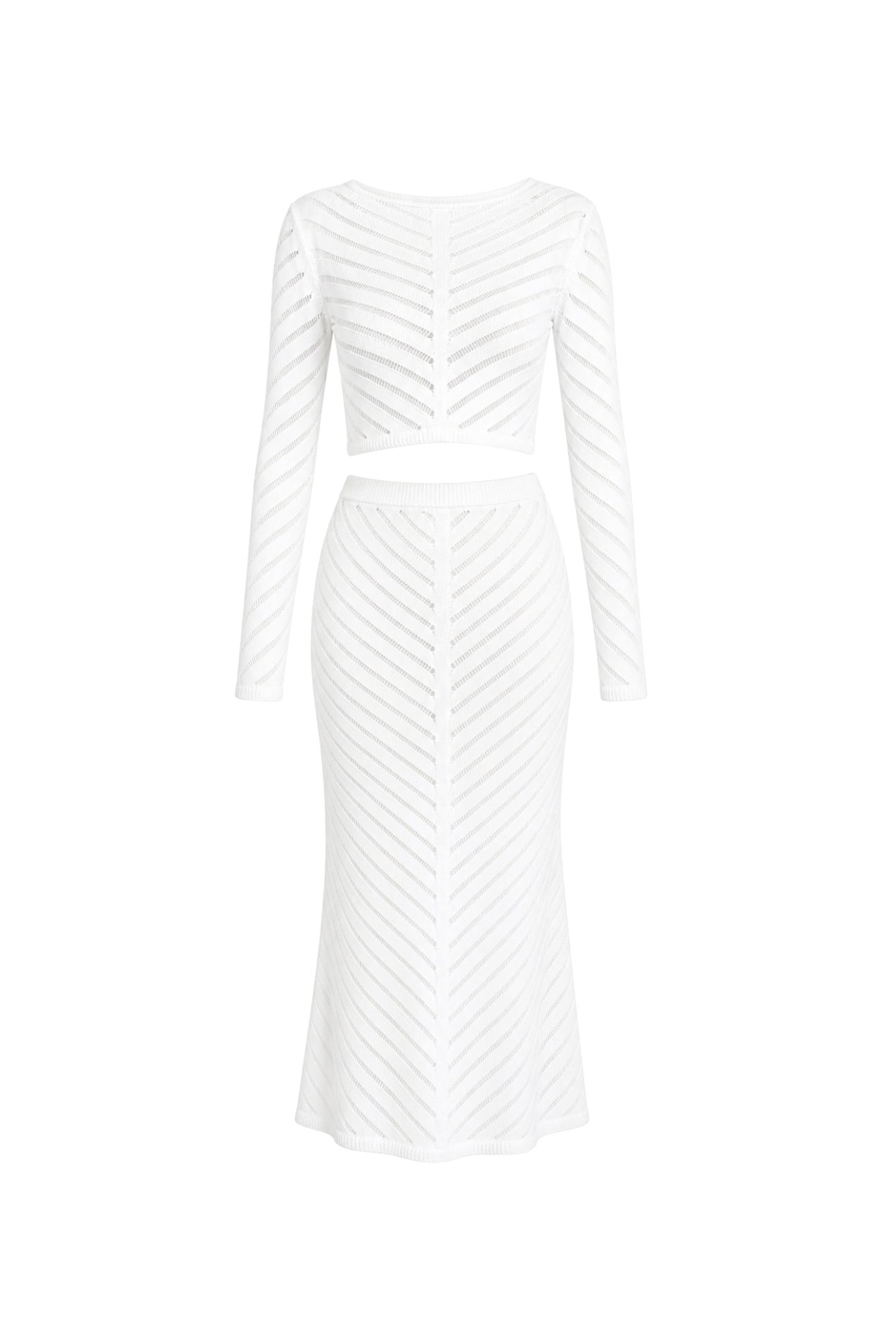 Knit Pattern Crop Blouse Maxi Skirt İkili White Knit Set