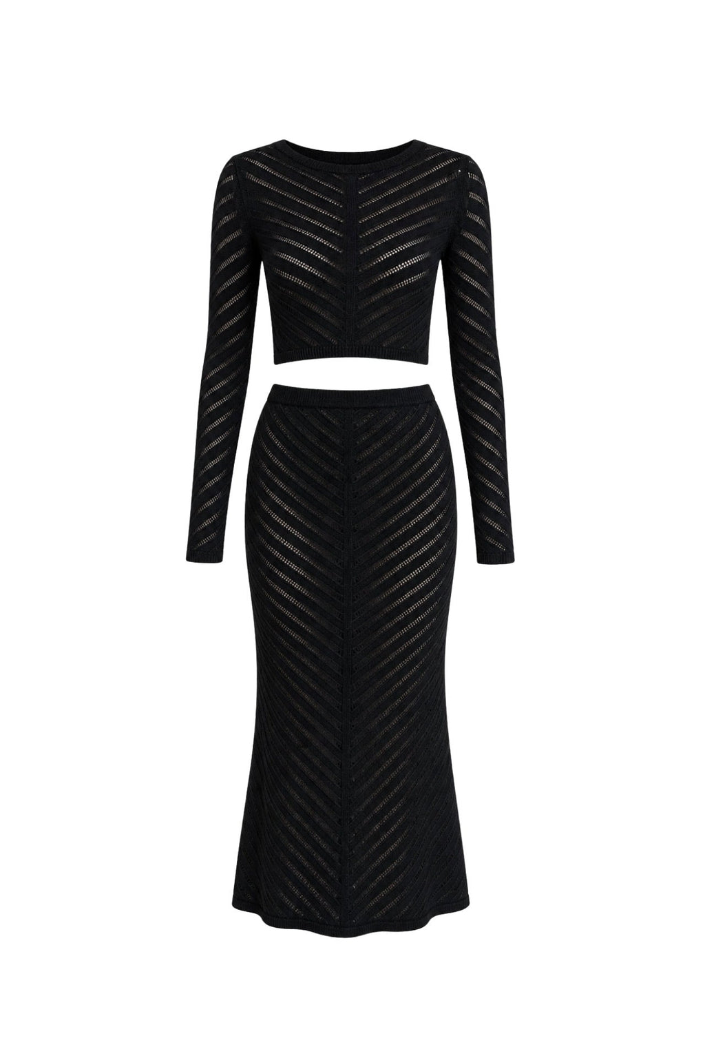 Knit Pattern Crop Blouse Maxi Skirt İkili Black Knit Set