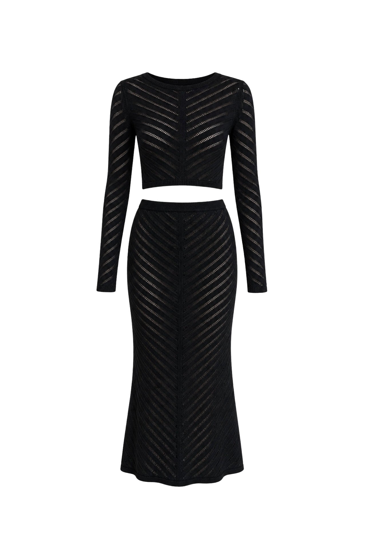Knit Pattern Crop Blouse Maxi Skirt İkili Black Knit Set