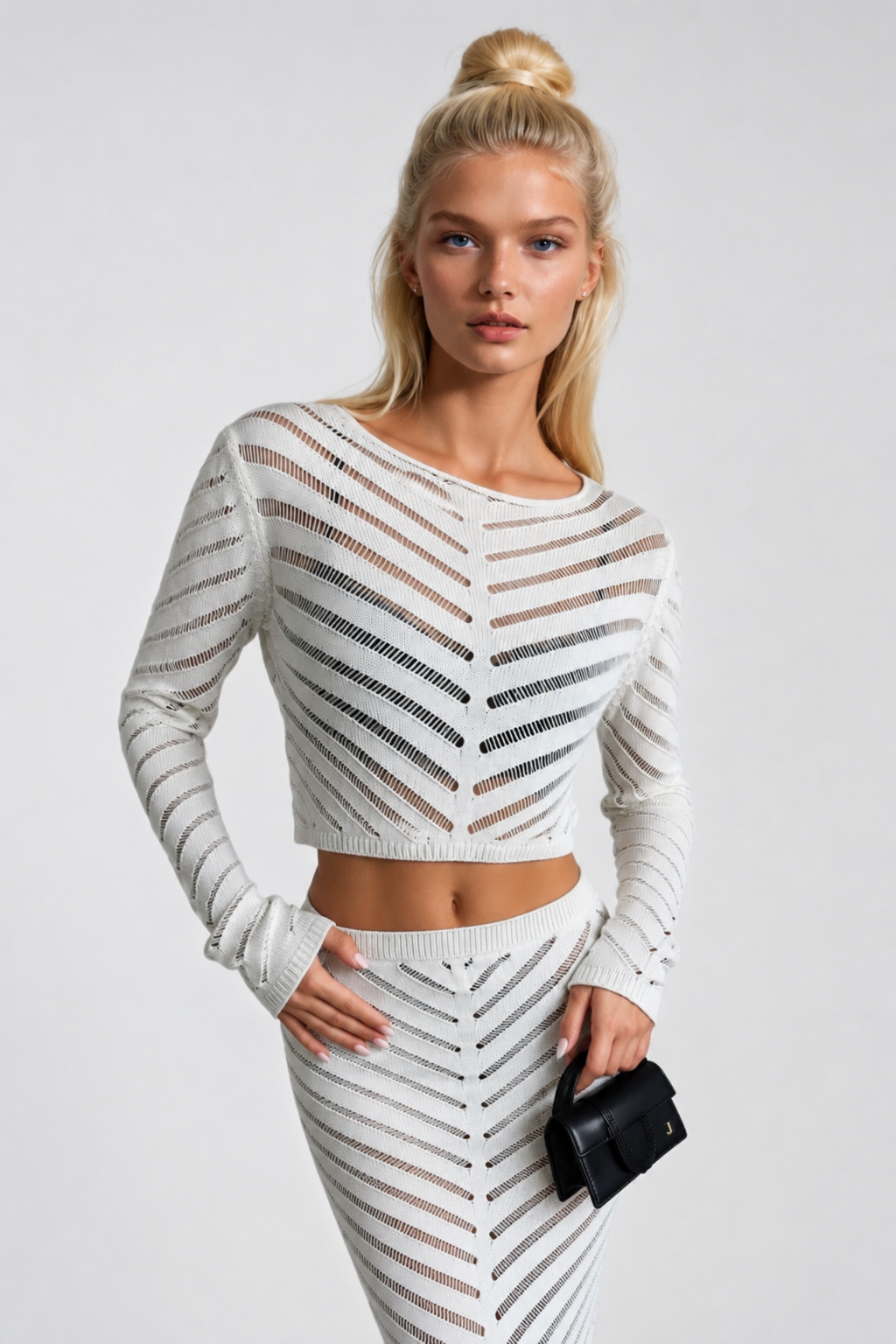Knit Pattern Crop Blouse Maxi Skirt İkili White Knit Set
