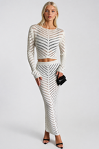 Knit Pattern Crop Blouse Maxi Skirt İkili White Knit Set