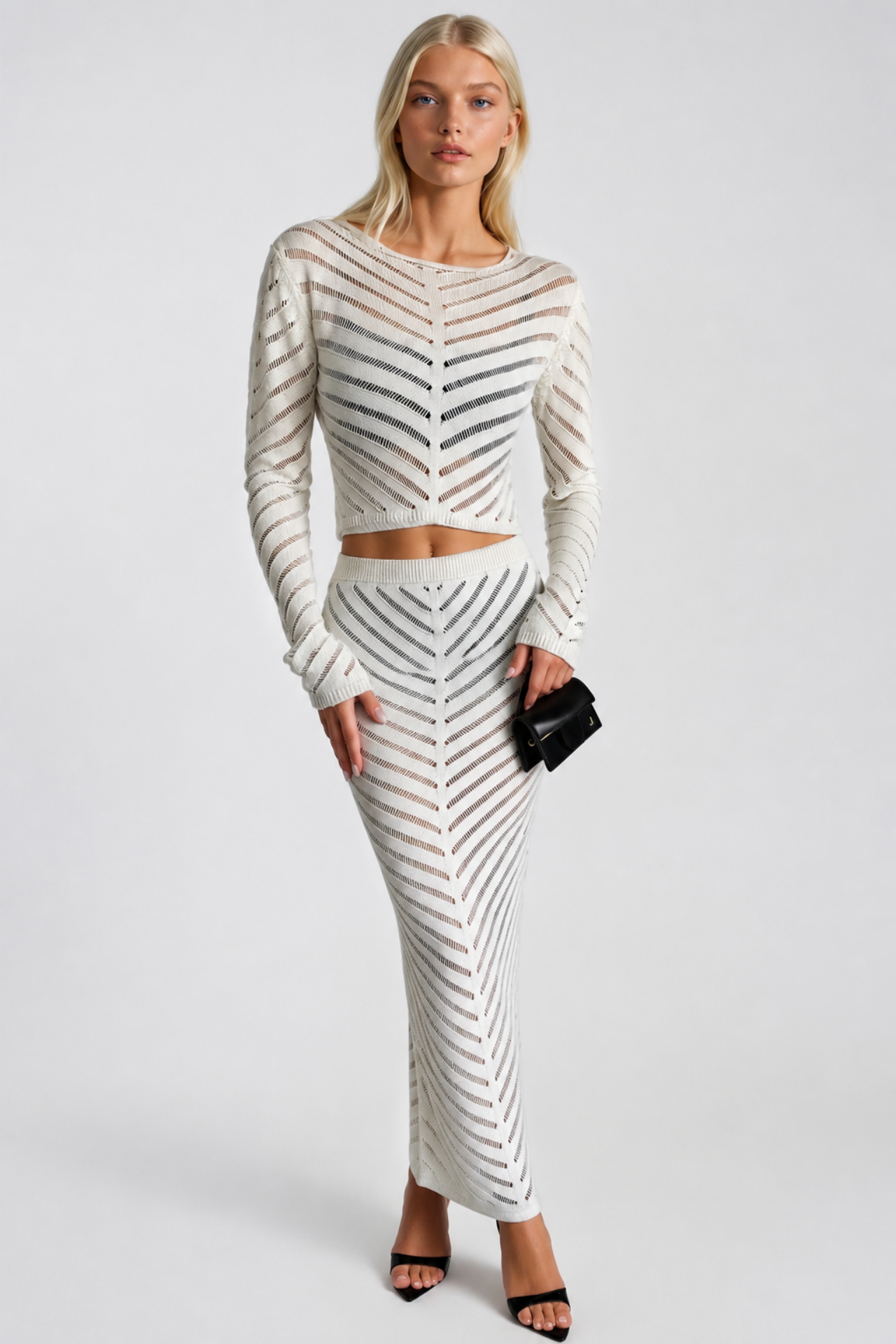 Knit Pattern Crop Blouse Maxi Skirt İkili White Knit Set