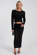 Knit Pattern Crop Blouse Maxi Skirt İkili Black Knit Set