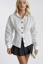 Waist-Fitted Gold Buttoned White Shirt