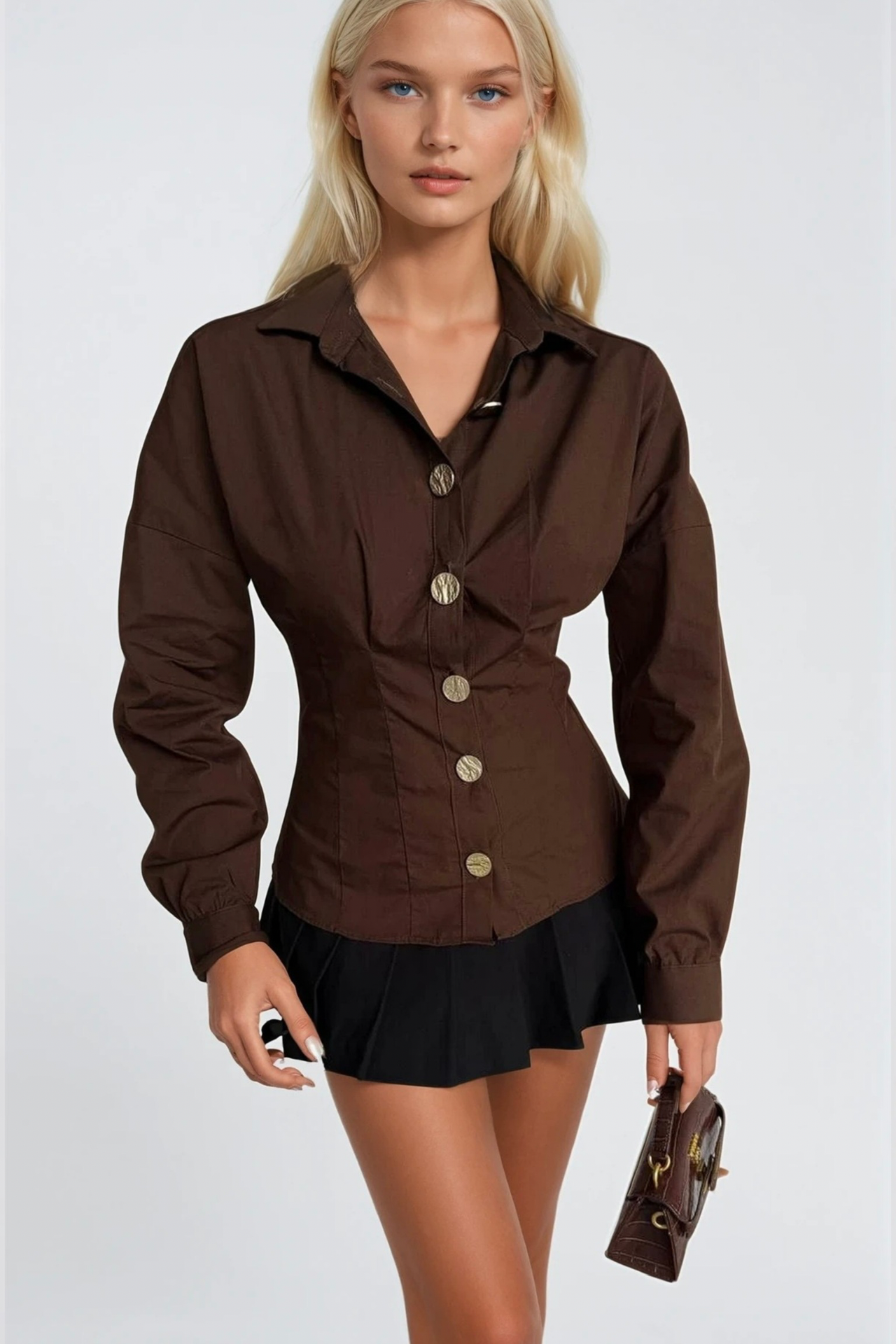Waist-Fitted Gold Buttoned Brown Shirt