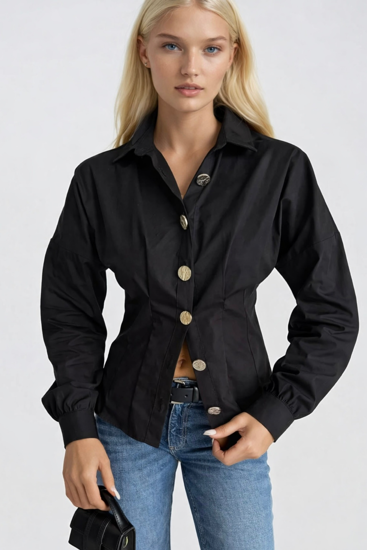 Waist-Fitted Gold Buttoned Black Shirt