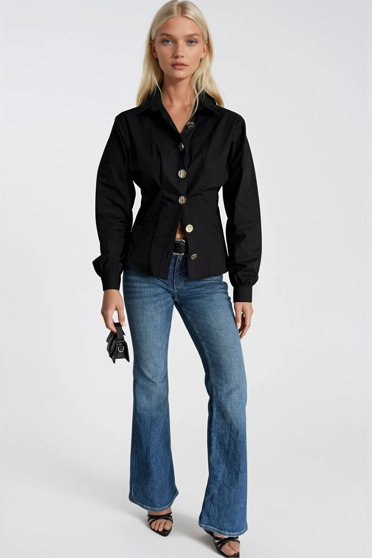 Waist-Fitted Gold Buttoned Black Shirt