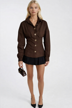 Waist-Fitted Gold Buttoned Brown Shirt