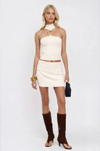 Open Detail Turtleneck Blouse Add Mini Skirt Two-piece Ecru Knit Set