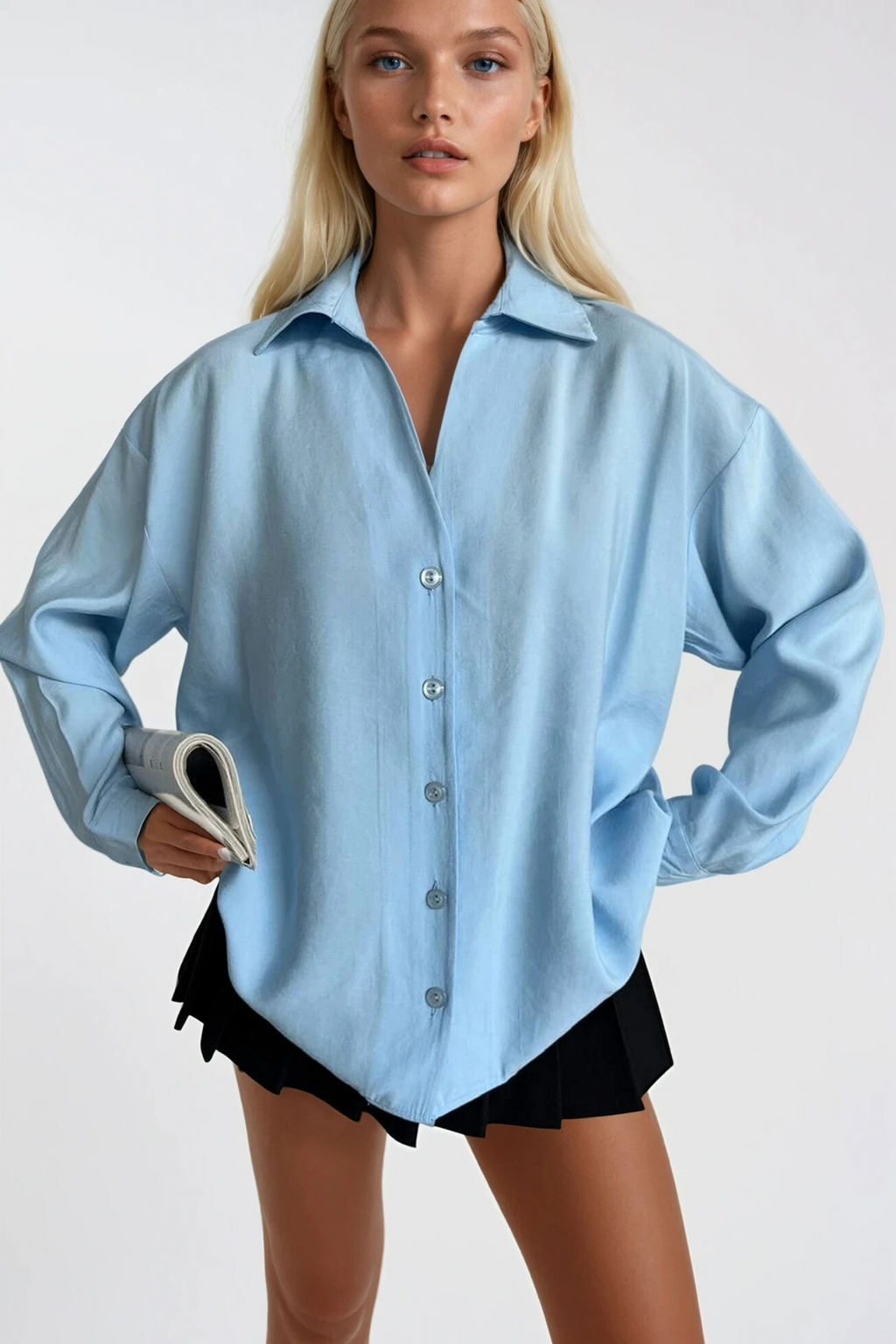 V-Neck Oversize Blue Modal Shirt