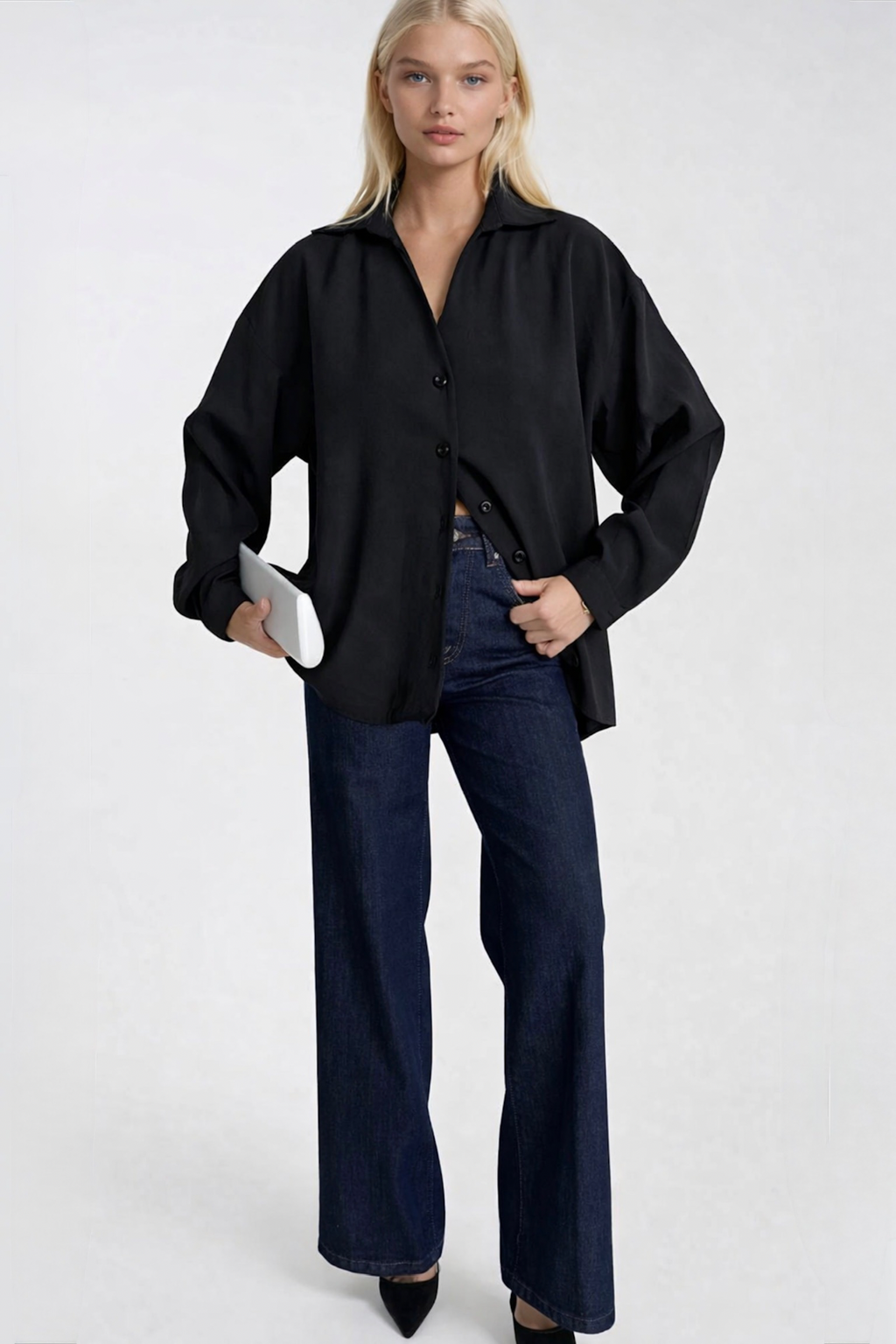 V-Neck Oversize Black Modal Shirt