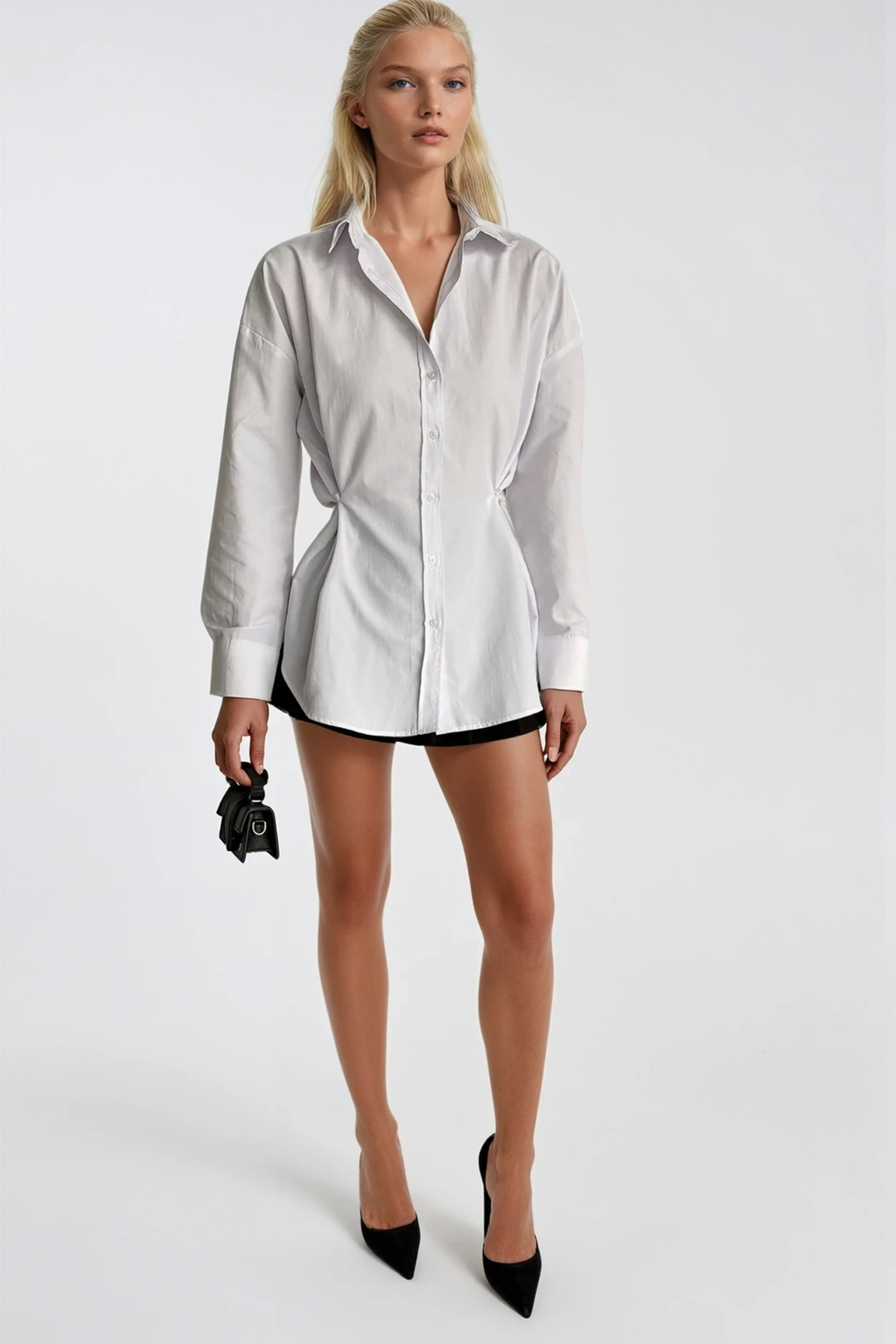 Button Detail Waist-Fitted White Shirt