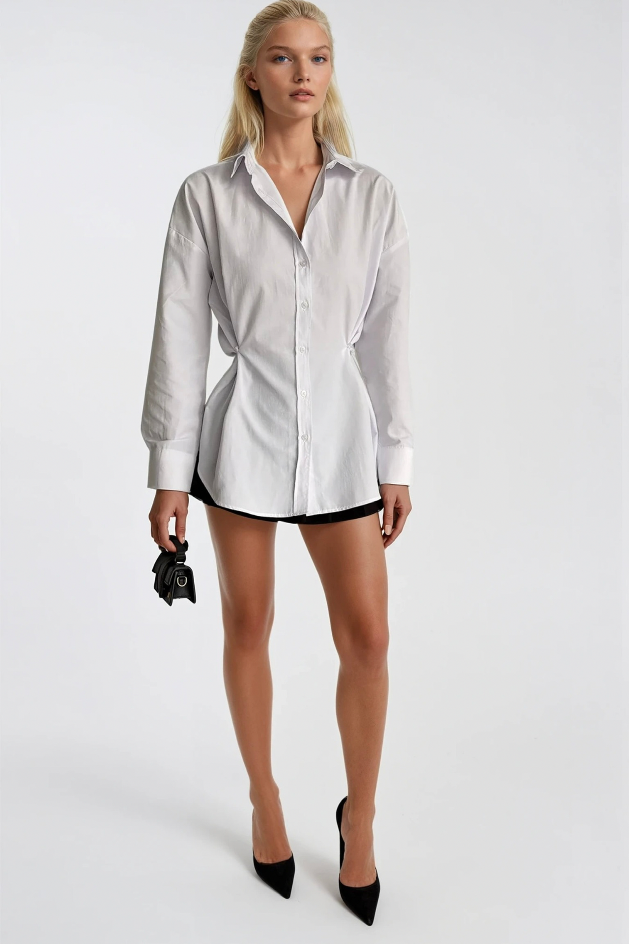 Button Detail Waist-Fitted White Shirt