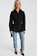 Button Detail Waist-Fitted Black Shirt