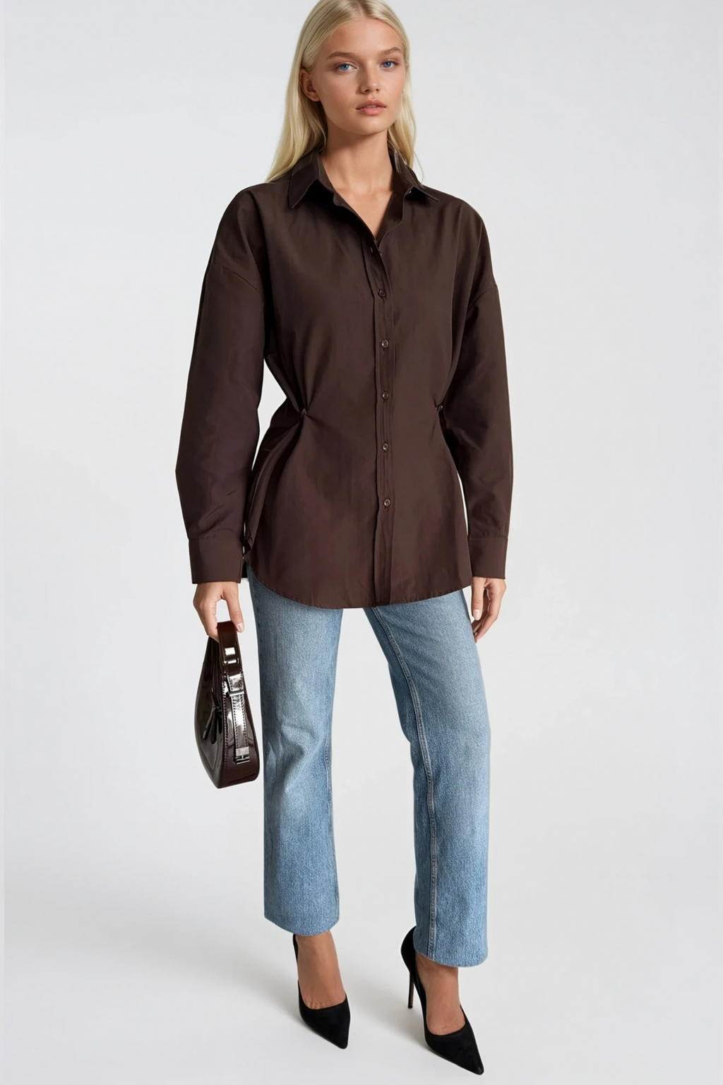 Button Detail Waist-Fitted Brown Shirt
