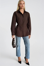Button Detail Waist-Fitted Brown Shirt