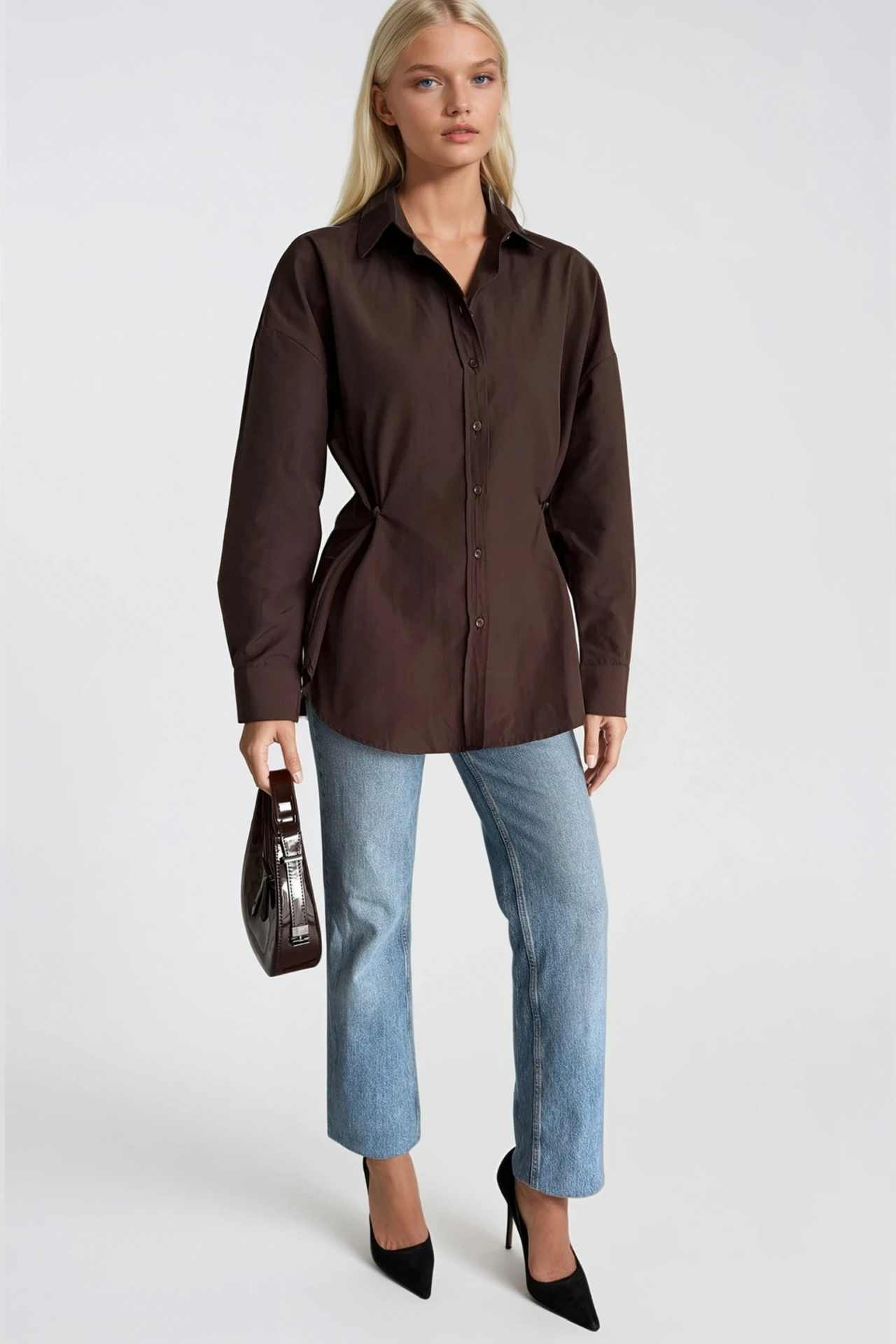 Button Detail Waist-Fitted Brown Shirt