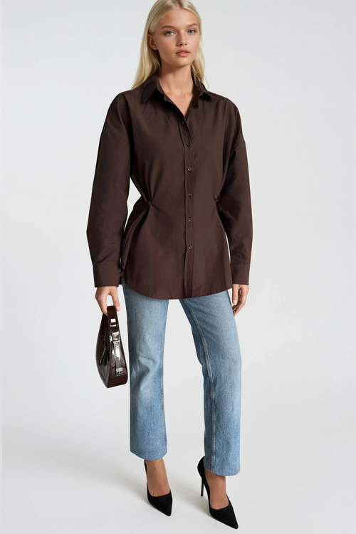 Button Detail Waist-Fitted Brown Shirt