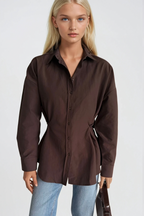 Button Detail Waist-Fitted Brown Shirt