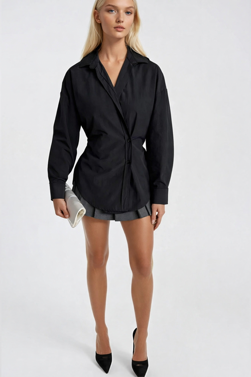 Asymmetrical Button Detailed Black Shirt with Fitted Waist