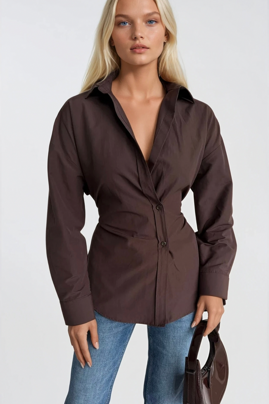 Asymmetric Button Detail Waist-Fitted Brown Shirt