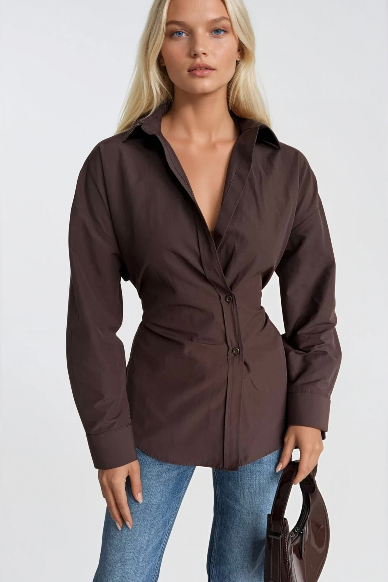 Asymmetric Button Detail Waist-Fitted Brown Shirt