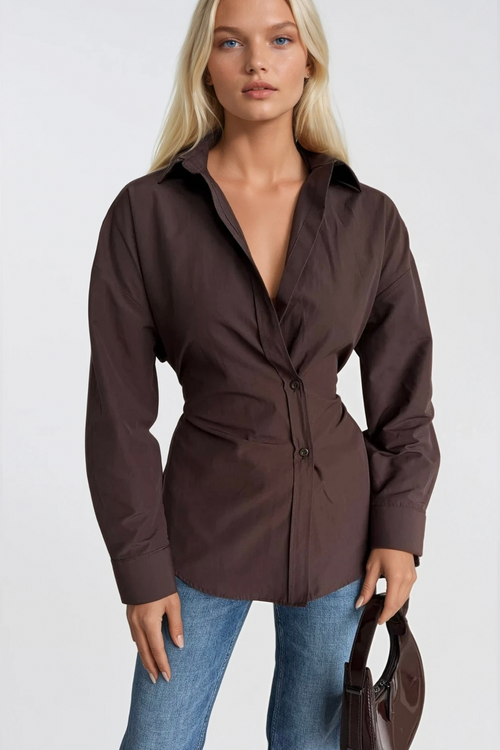 Asymmetric Button Detail Waist-Fitted Brown Shirt