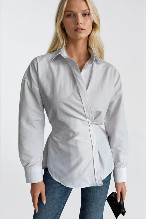 Asymmetrical Button Detailed White Shirt with Fitted Waist