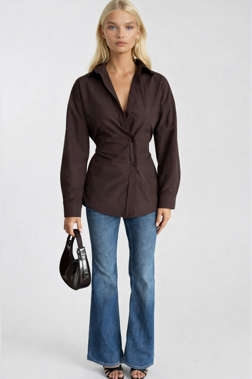 Asymmetric Button Detail Waist-Fitted Brown Shirt