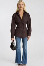 Asymmetric Button Detail Waist-Fitted Brown Shirt