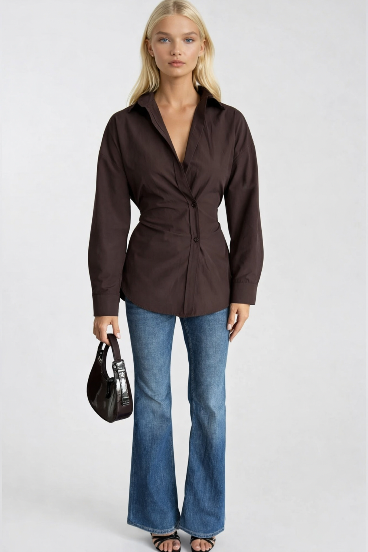 Asymmetric Button Detail Waist-Fitted Brown Shirt