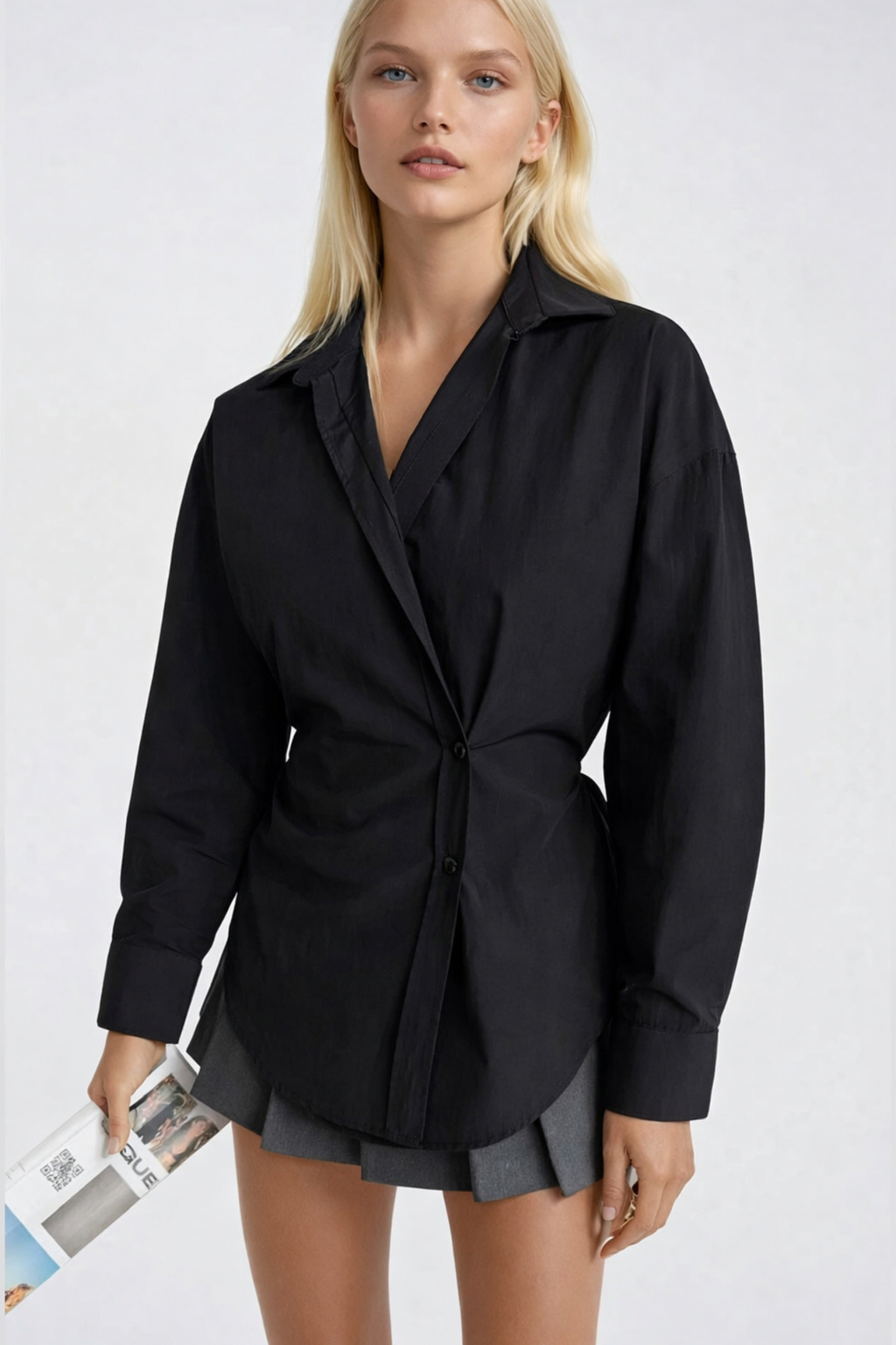 Asymmetric Button Detail Waist-Fitted Black Shirt