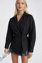 Asymmetric Button Detail Waist-Fitted Black Shirt
