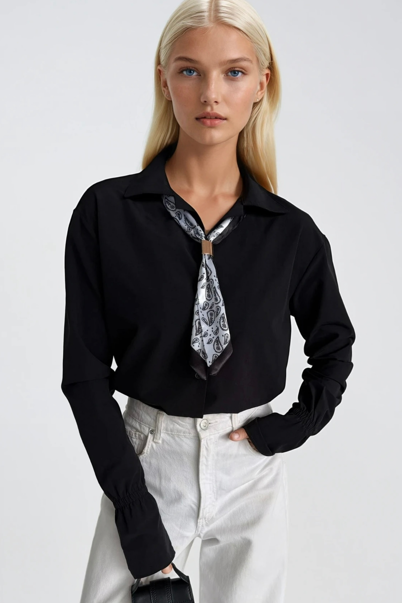 Scarf Detail Ruched Sleeve Black Shirt