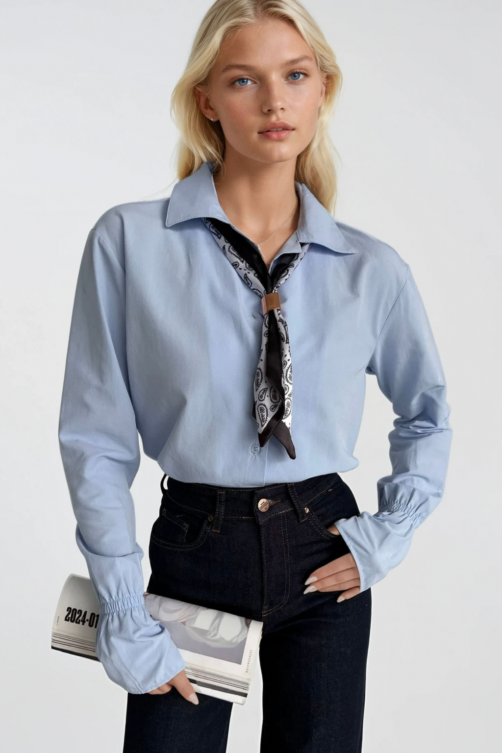 Scarf Detail Ruched Sleeve Blue Shirt