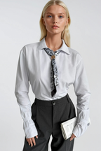 Scarf Detail Ruched Sleeve White Shirt