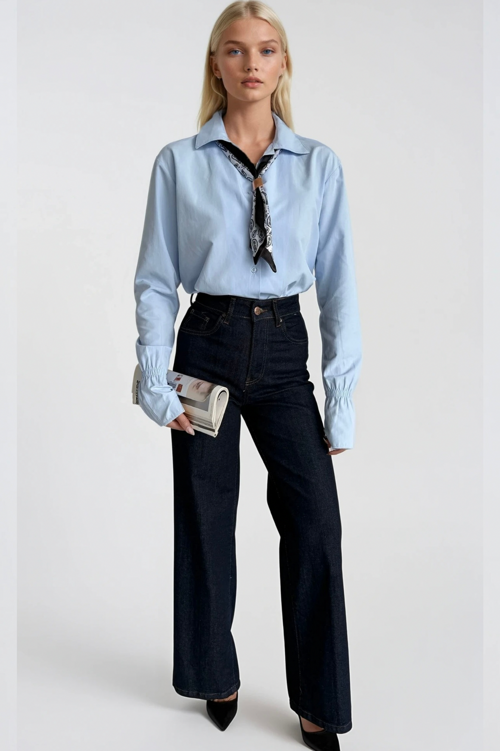 Scarf Detail Ruched Sleeve Blue Shirt