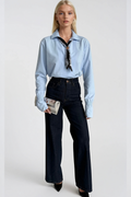 Scarf Detail Ruched Sleeve Blue Shirt