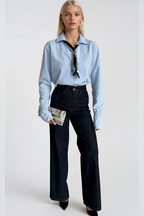 Scarf Detail Ruched Sleeve Blue Shirt