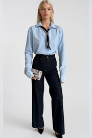 Blue Shirred Sleeve Shirt with Foulard Detail