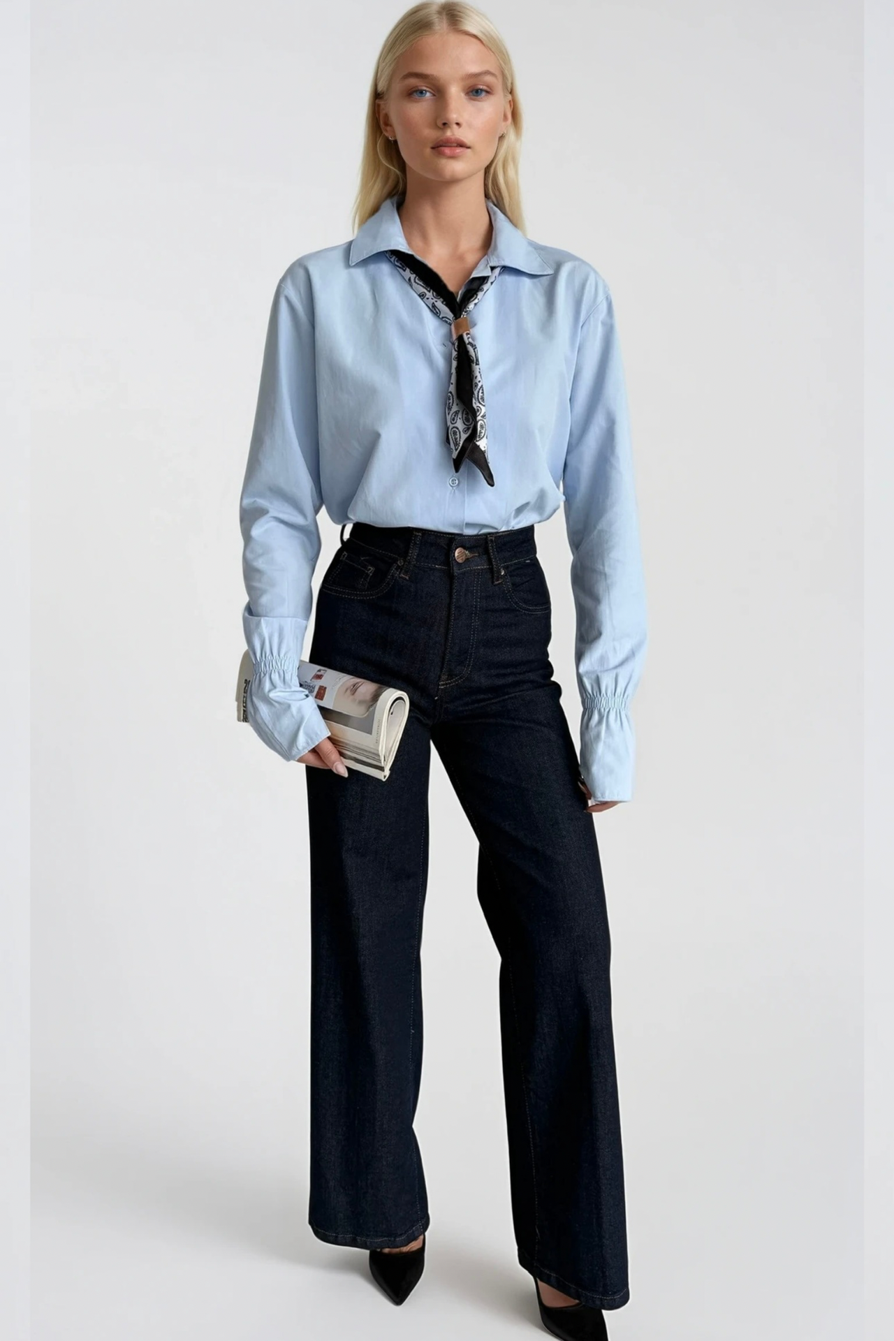 Scarf Detail Ruched Sleeve Blue Shirt