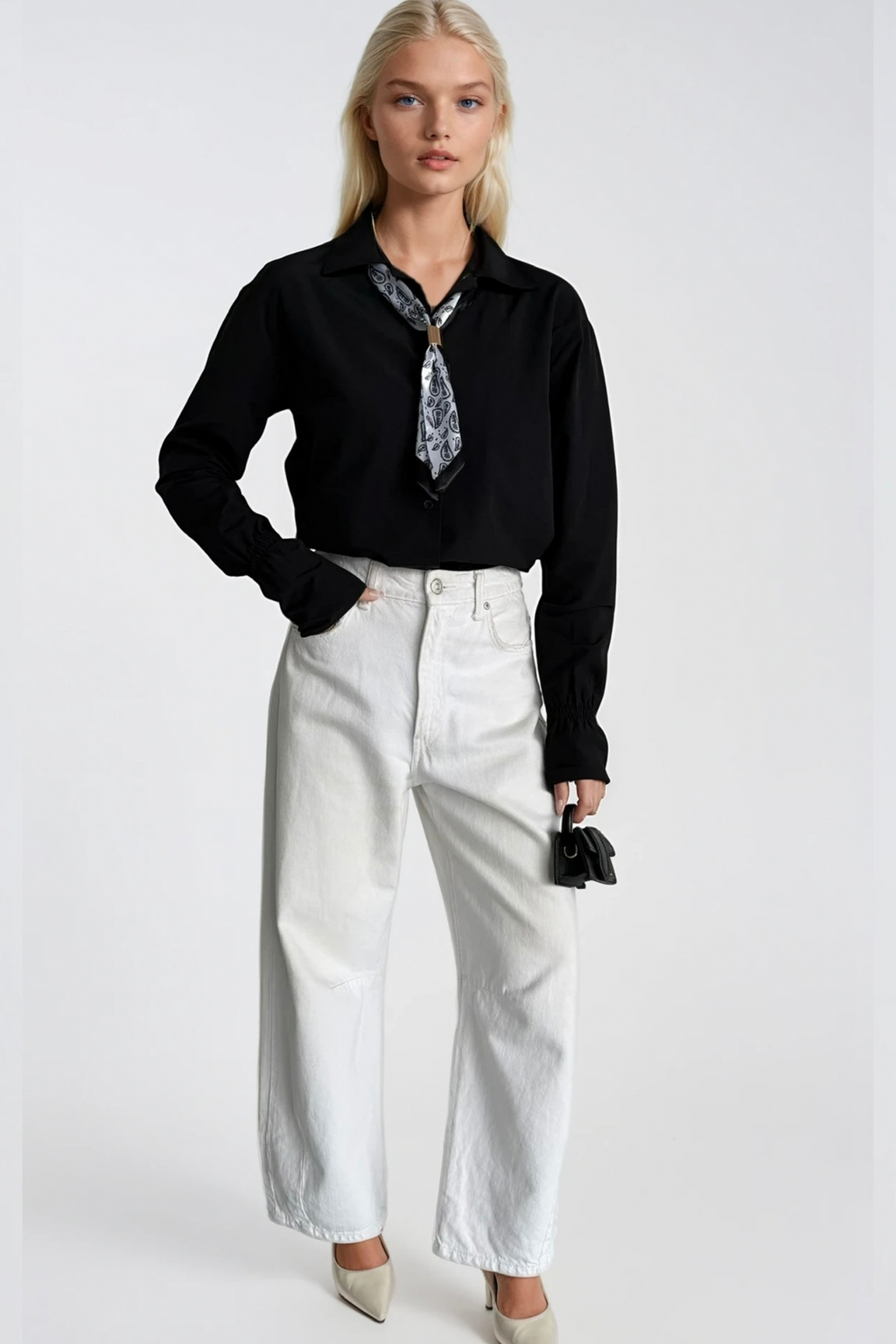 Scarf Detail Ruched Sleeve Black Shirt