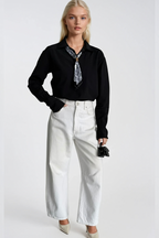 Scarf Detail Ruched Sleeve Black Shirt