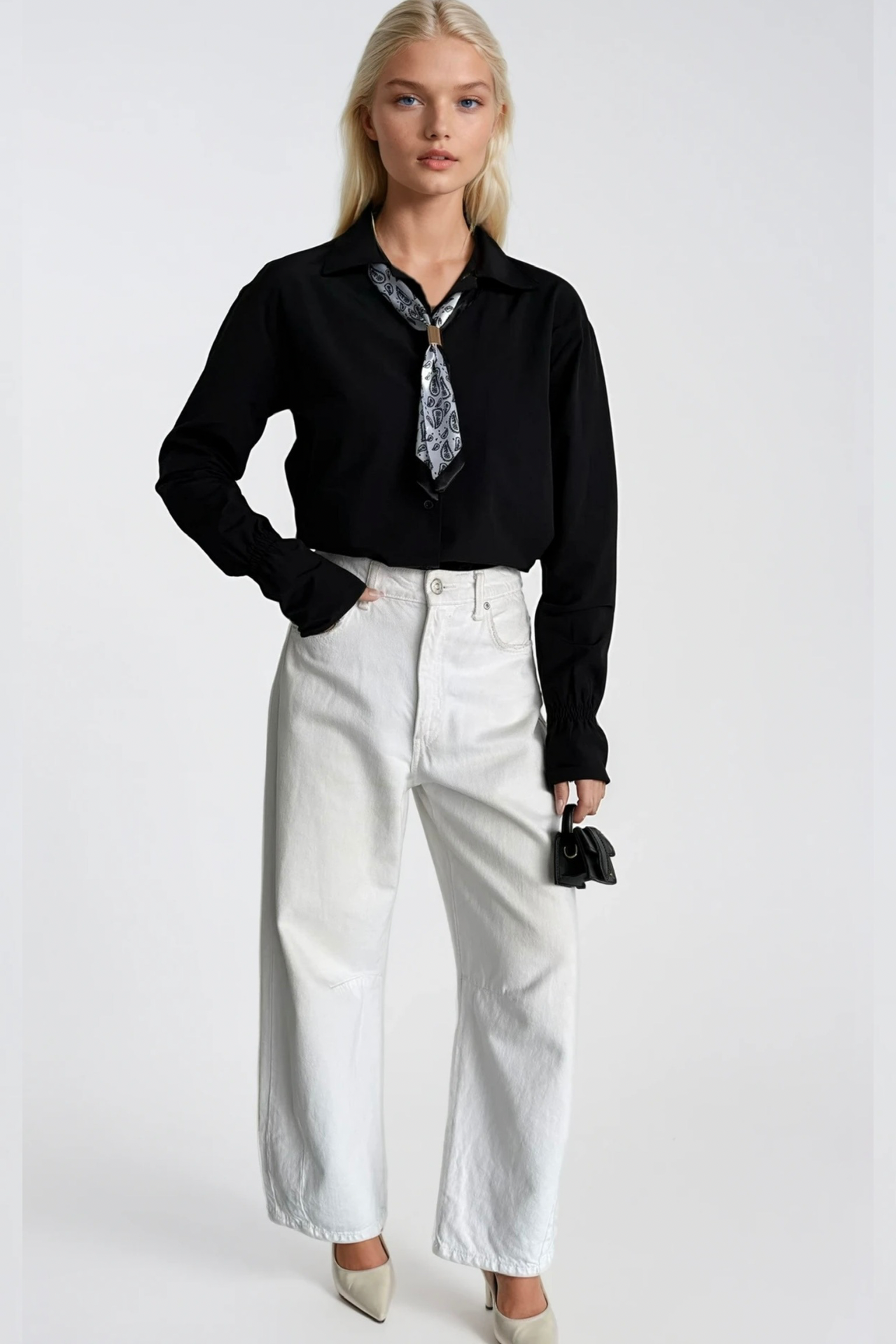Scarf Detail Ruched Sleeve Black Shirt
