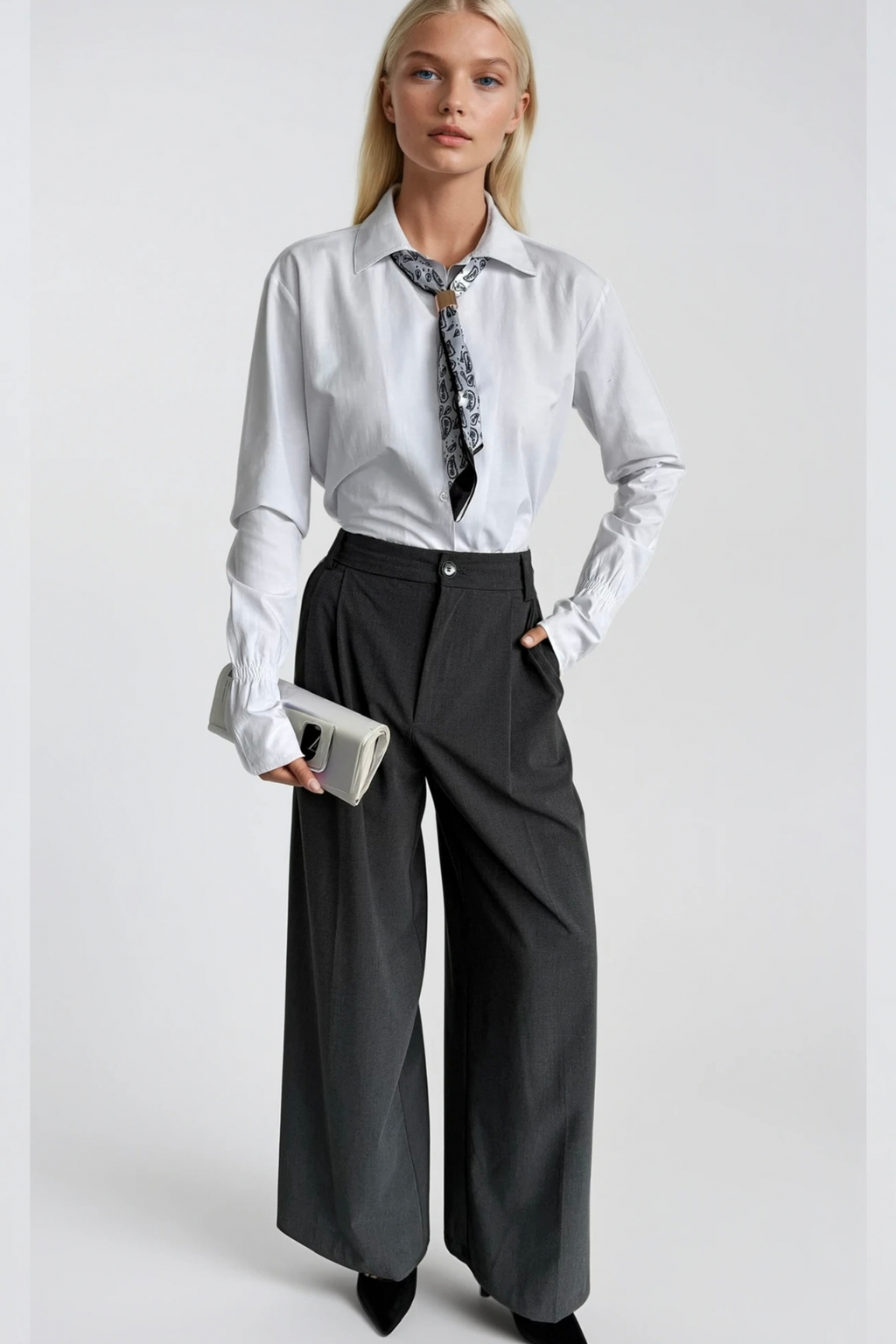 Scarf Detail Ruched Sleeve White Shirt