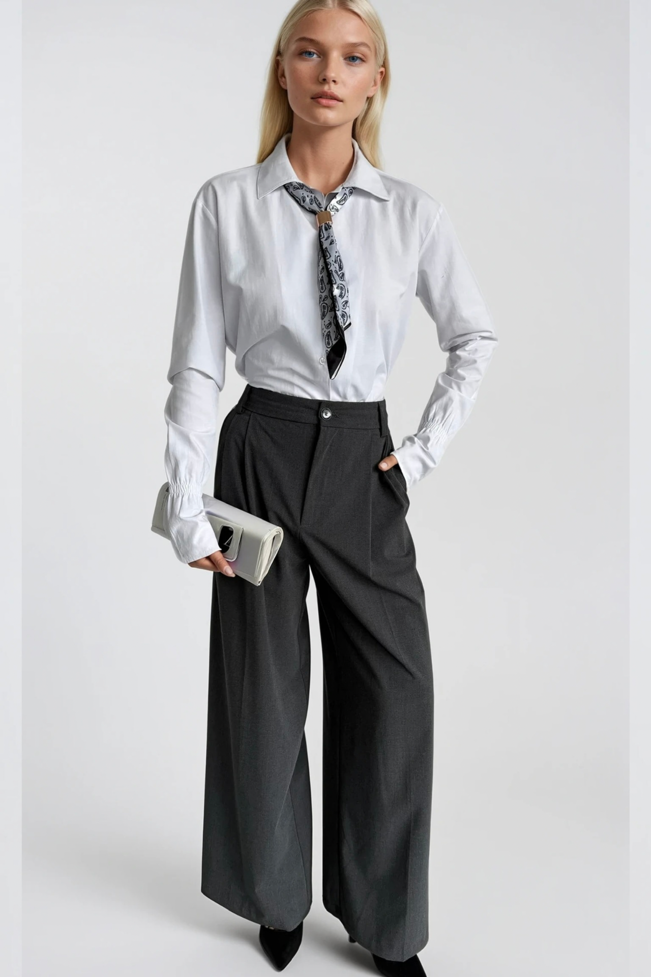 Scarf Detail Ruched Sleeve White Shirt