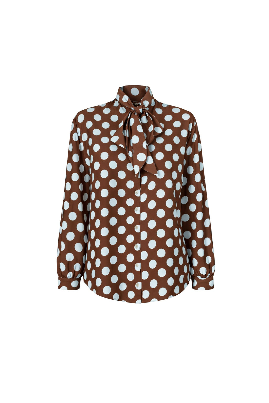 Polka Dot Pattern Scarf Detail Brown Shirt