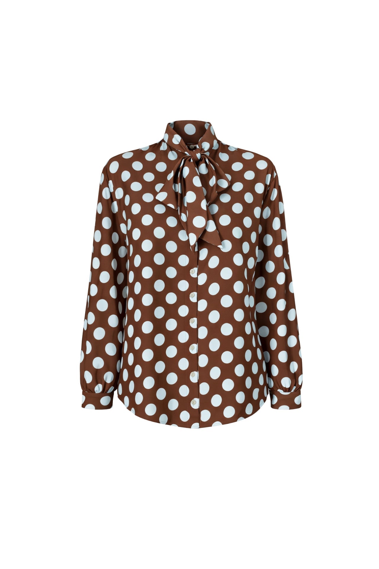 Polka Dot Pattern Scarf Detail Brown Shirt